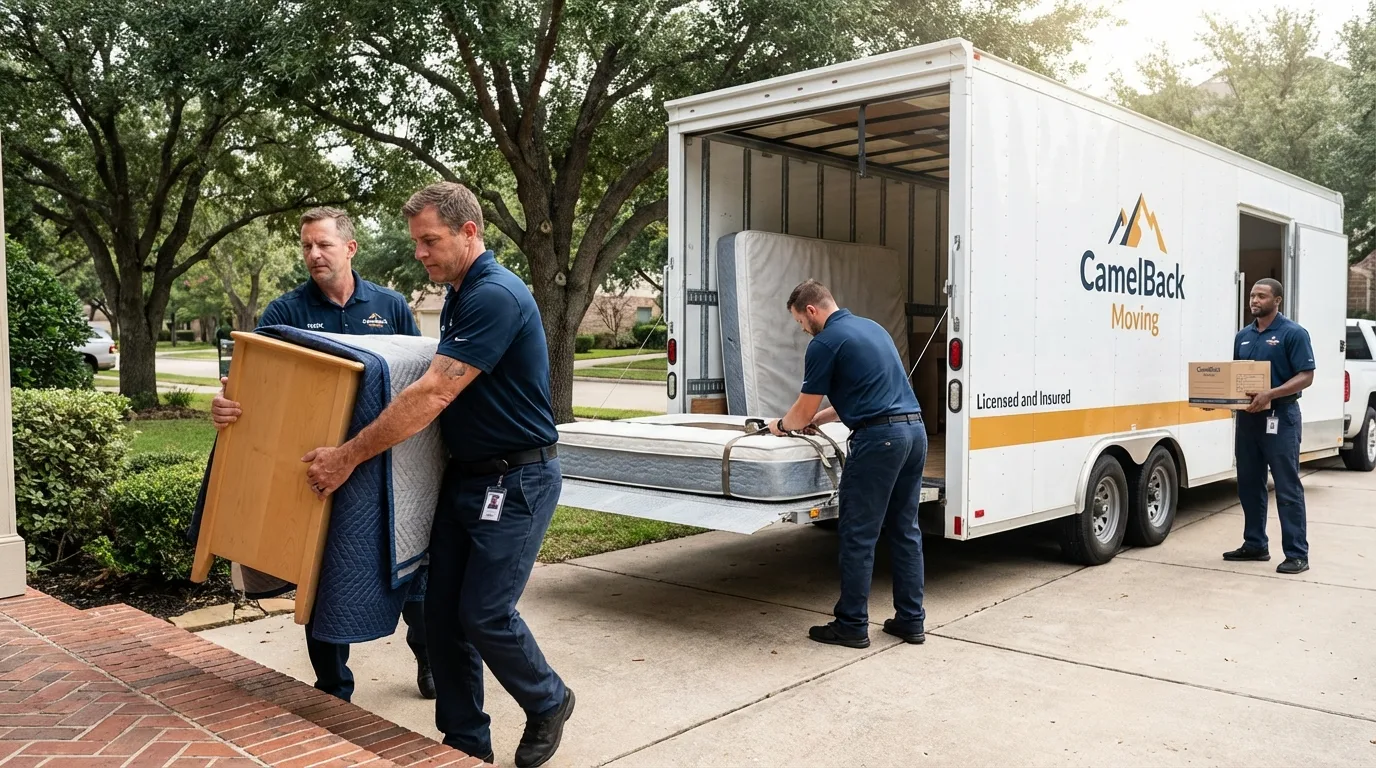 Crew loading residential truck for cross-state move from Winnie, TX