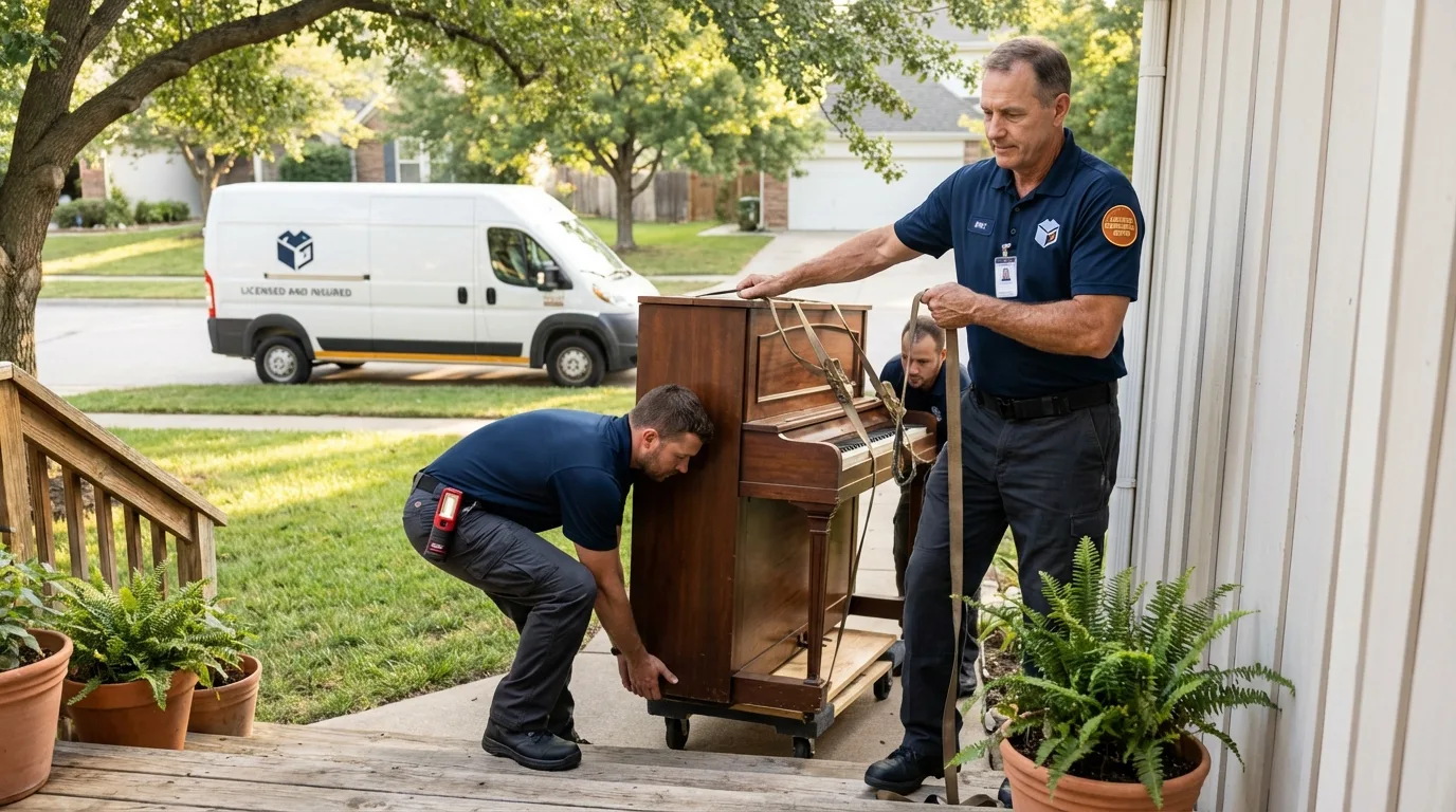 Licensed piano movers securing grand piano in Winnie, TX