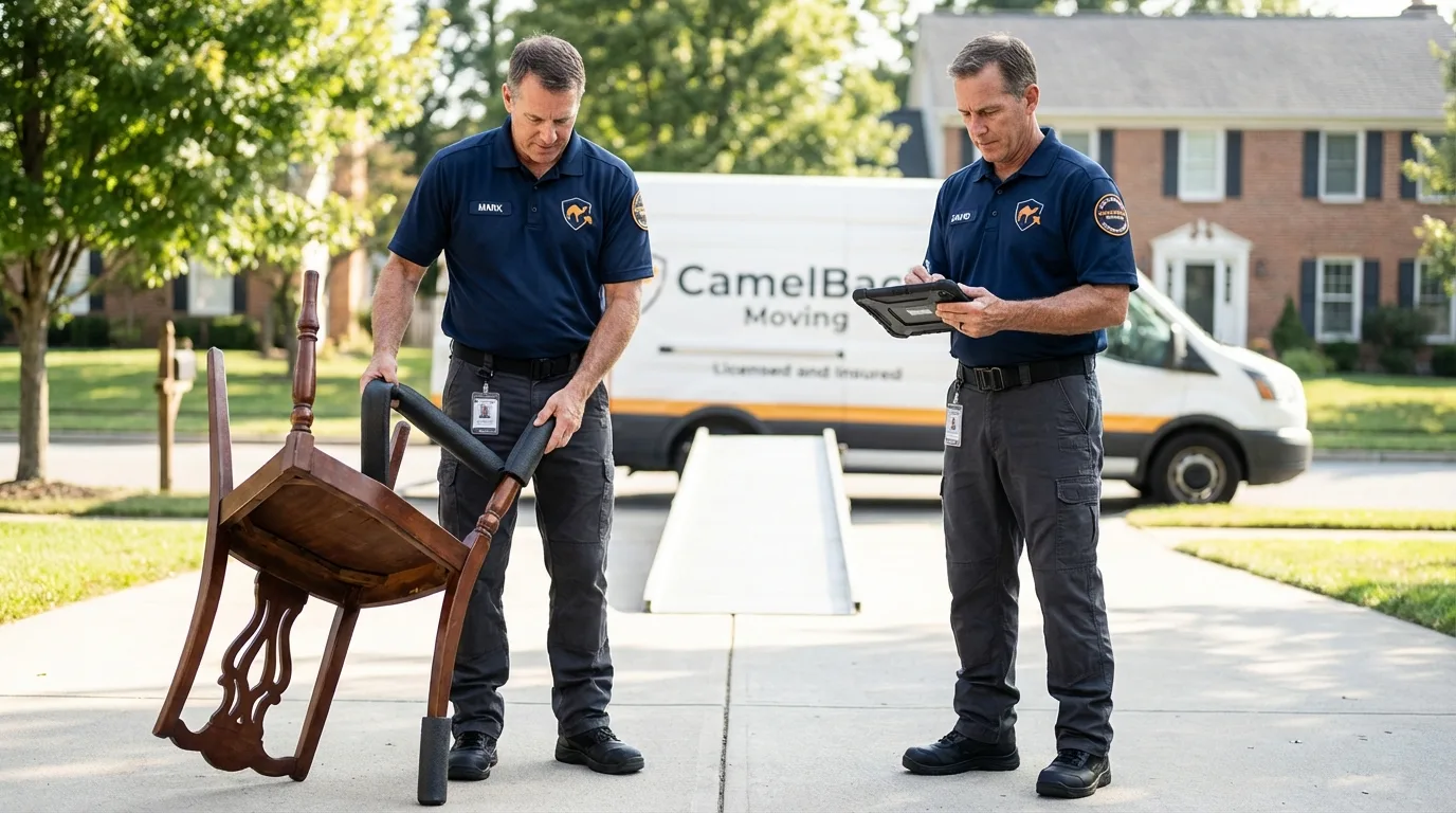 Movers inspecting furniture for damage prevention before loading in Winnie, TX