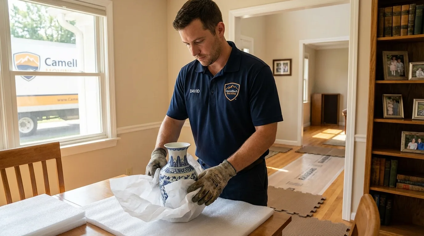 Professional crew carefully wrapping antique vase for senior downsizing move in Winnie, TX